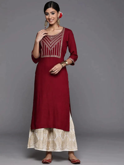 Maroon Yoke Design Rayon Straight Kurta - Libas