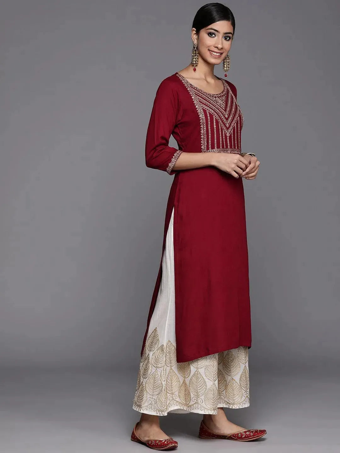 Maroon Yoke Design Rayon Straight Kurta - Libas 