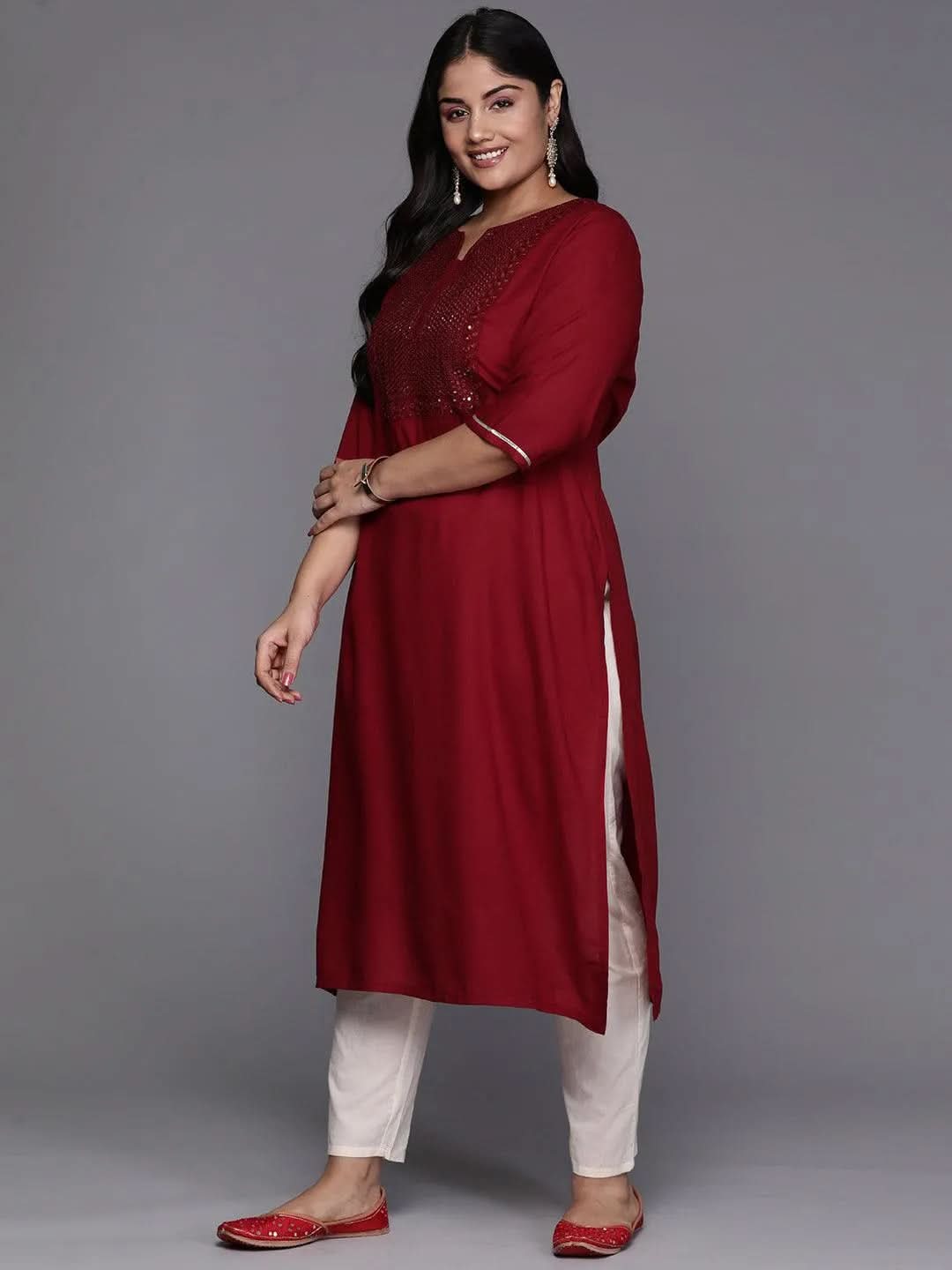 Maroon Yoke Design Rayon Straight Kurta - Libas 