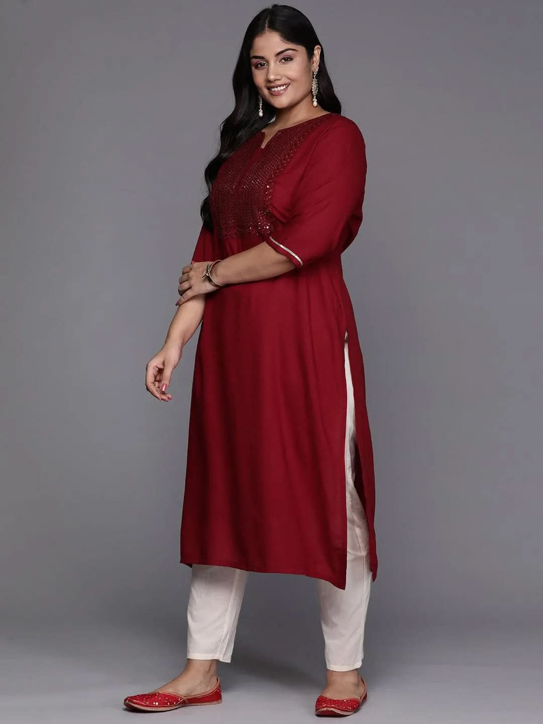 Maroon Yoke Design Rayon Straight Kurta - Libas