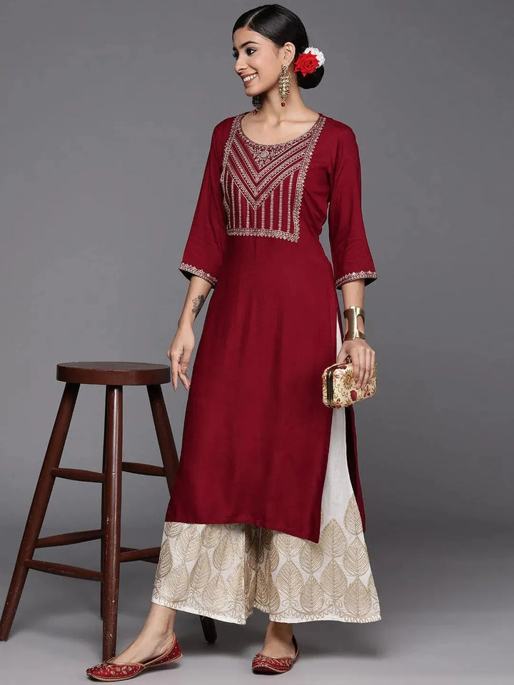 Maroon Yoke Design Rayon Straight Kurta - Libas