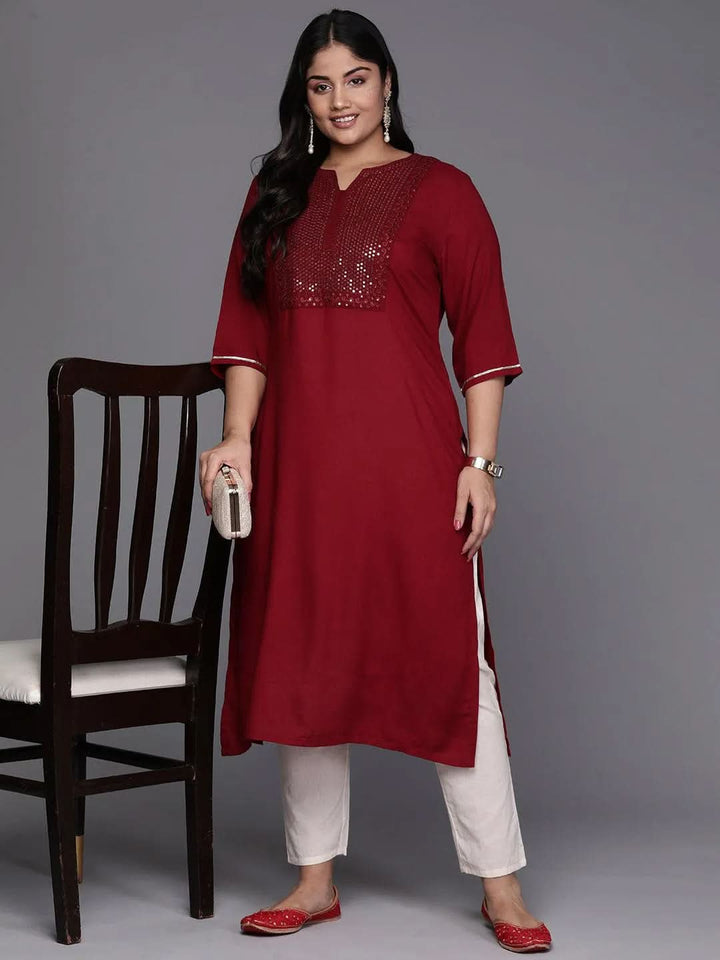 Maroon Yoke Design Rayon Straight Kurta - Libas