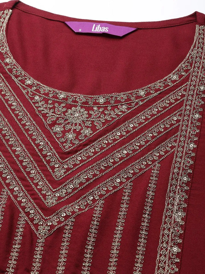Maroon Yoke Design Rayon Straight Kurta - Libas