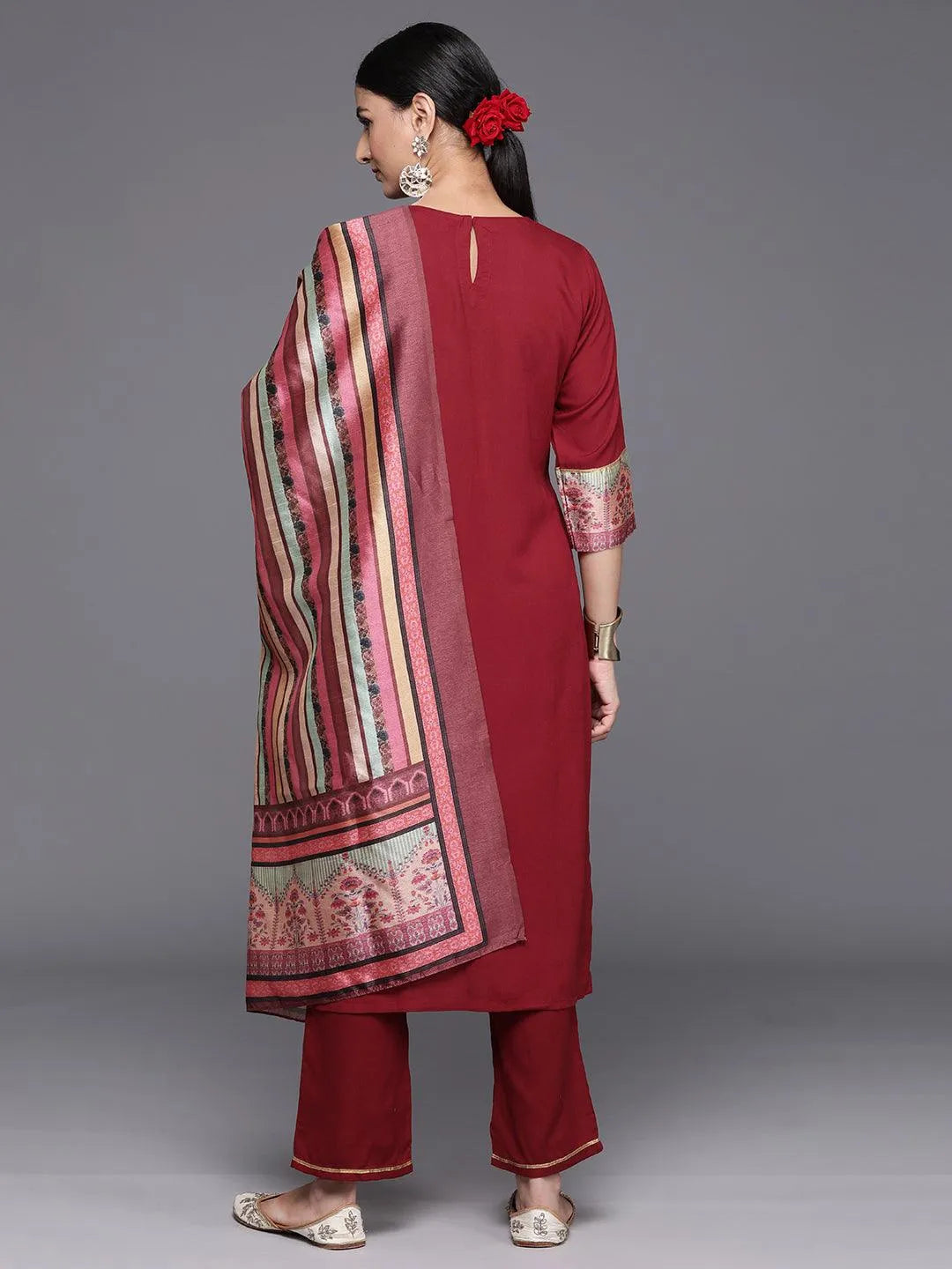 Maroon Yoke Design Rayon Straight Kurta With Trousers & Dupatta - Libas 