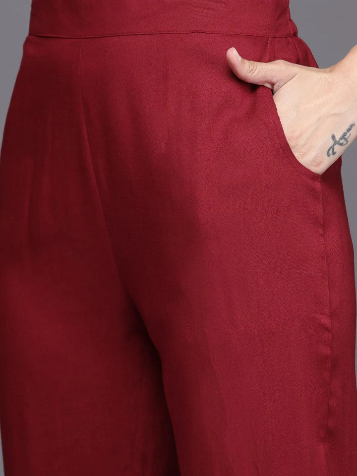 Maroon Yoke Design Rayon Straight Kurta With Trousers & Dupatta - Libas