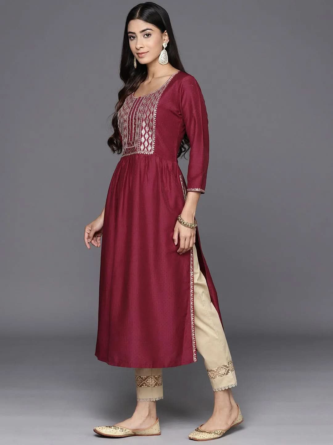Maroon Yoke Design Silk A-Line Kurta - Libas 