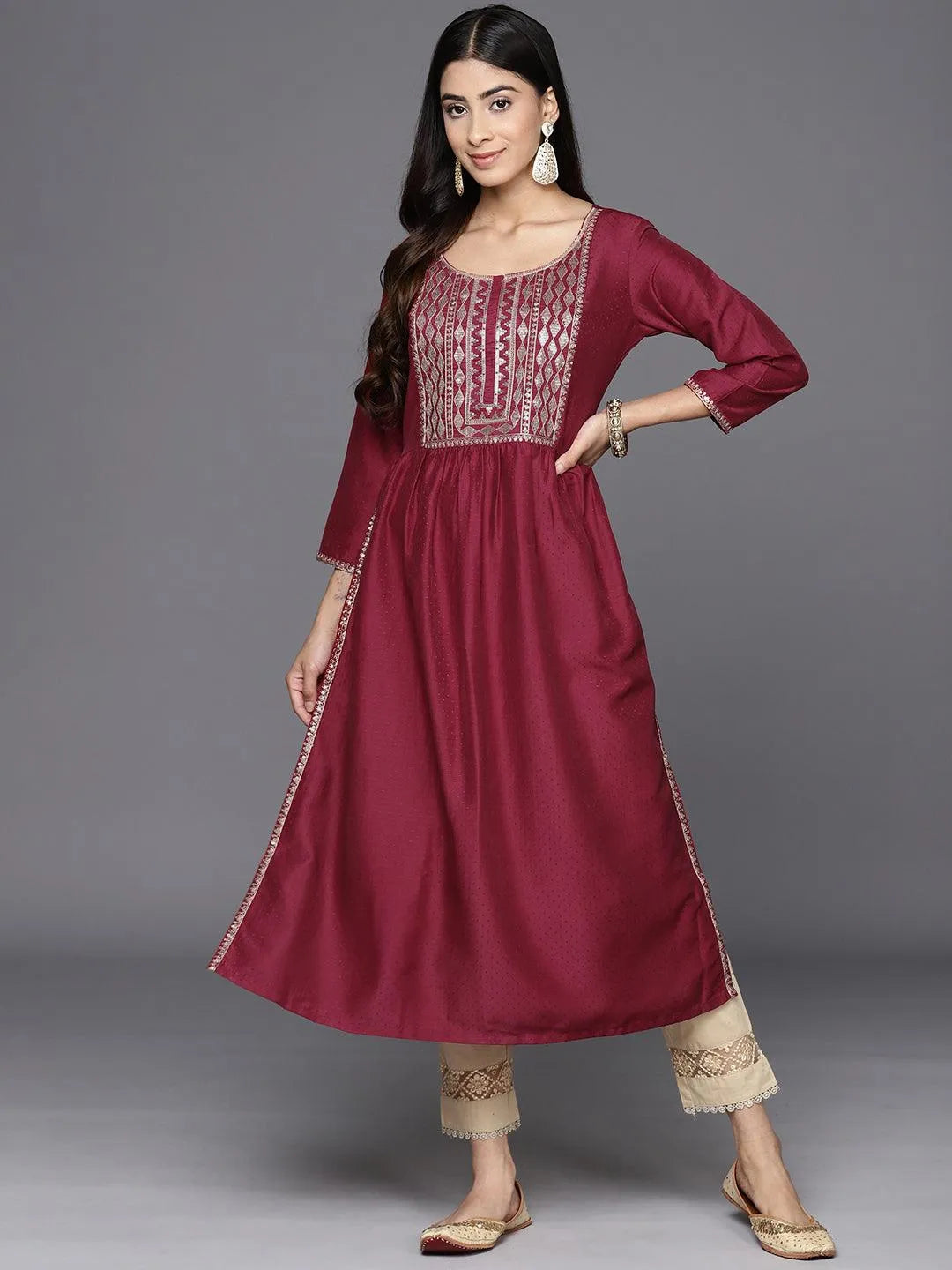 Maroon Yoke Design Silk A-Line Kurta - Libas