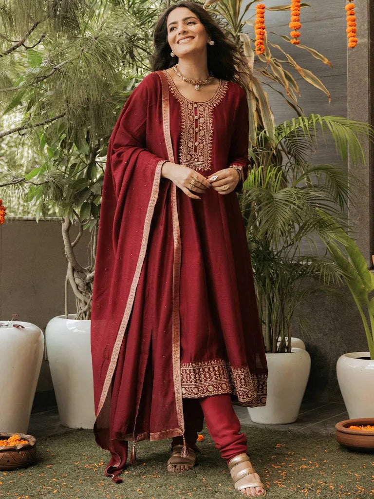 Libas Maroon Yoke Design Silk Blend Anarkali Kurta With Churidar & Dupatta