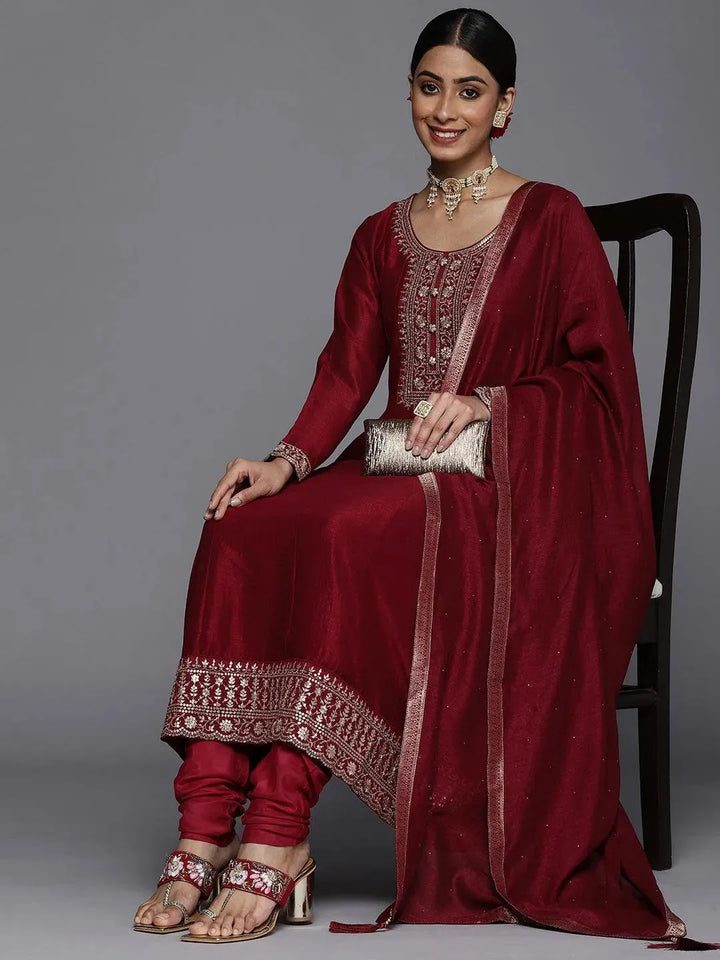 Maroon Yoke Design Silk Blend Anarkali Suit Set - Libas