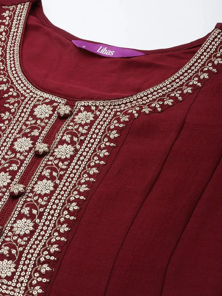 Maroon Yoke Design Silk Blend Anarkali Suit Set - Libas