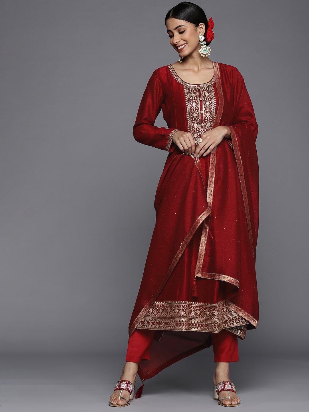 Maroon Yoke Design Silk Blend Anarkali Suit With Dupatta