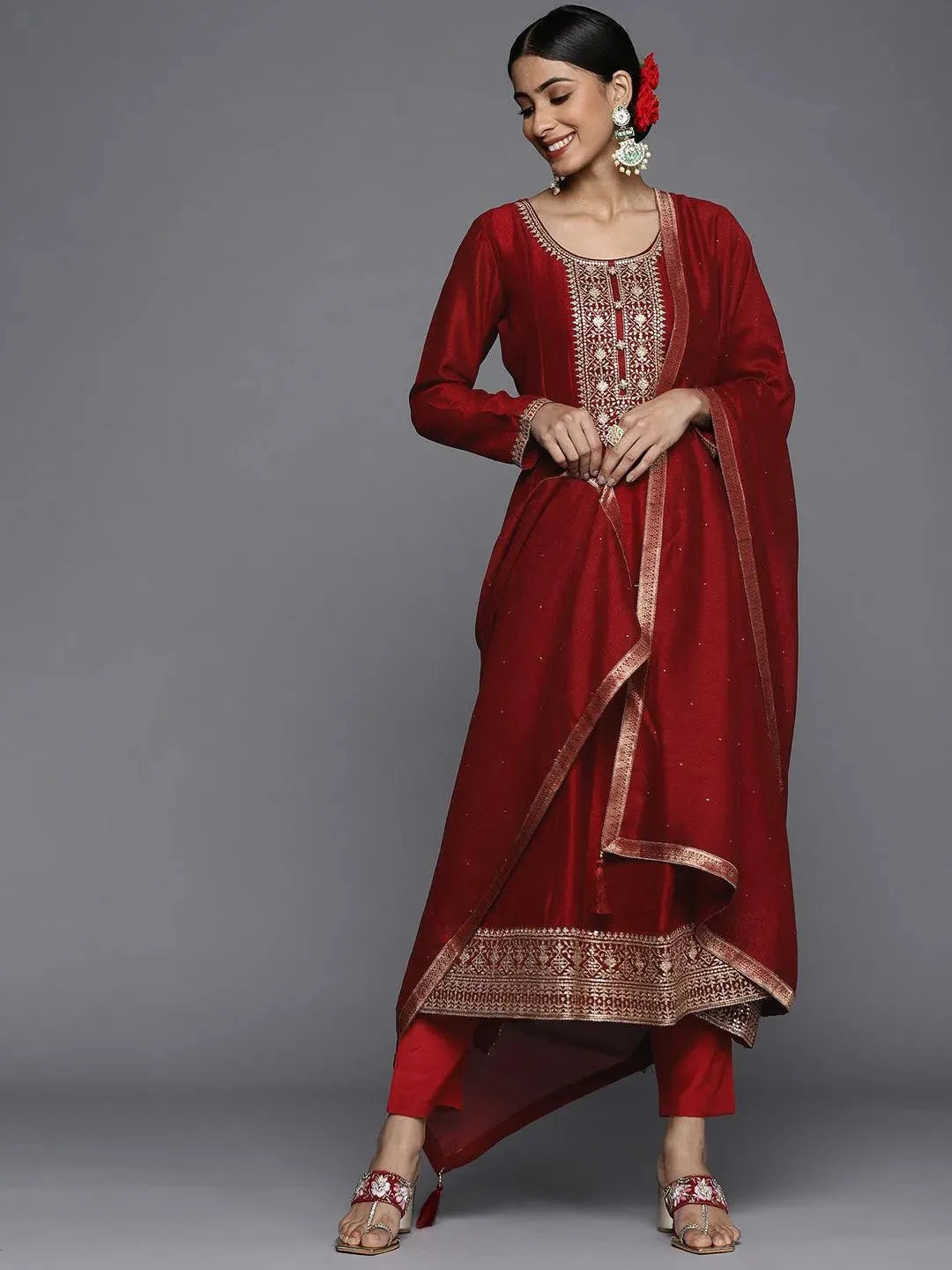 Maroon Yoke Design Silk Blend Anarkali Suit Set - Libas