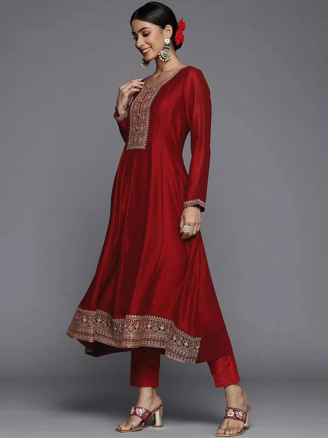 Buy Maroon Yoke Design Silk Blend Anarkali Suit With Dupatta Online at ...