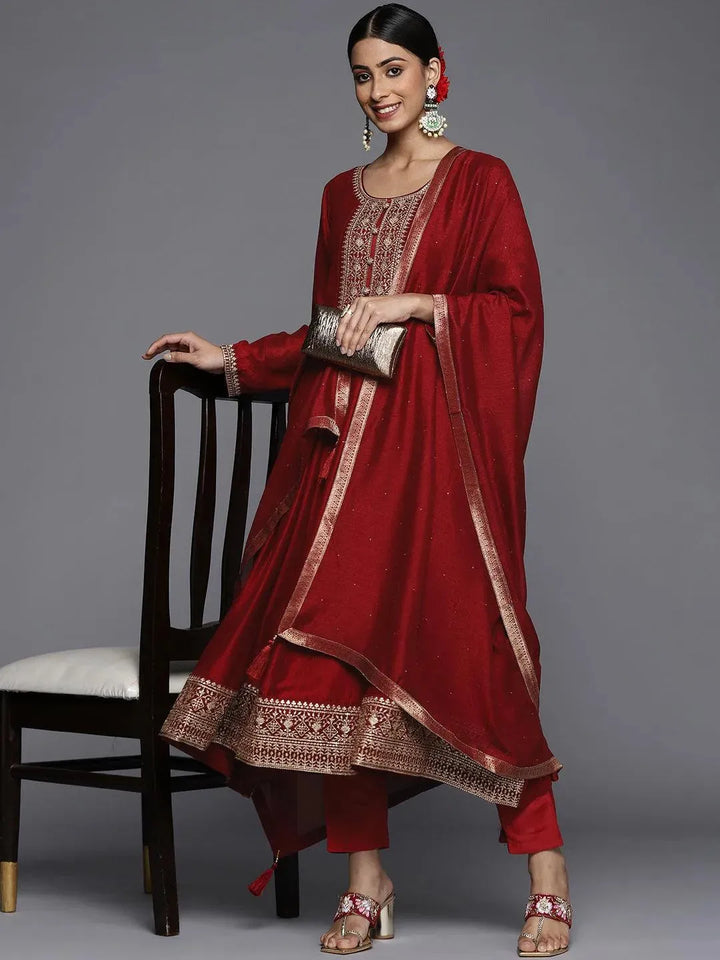 Maroon Yoke Design Silk Blend Anarkali Suit Set - Libas