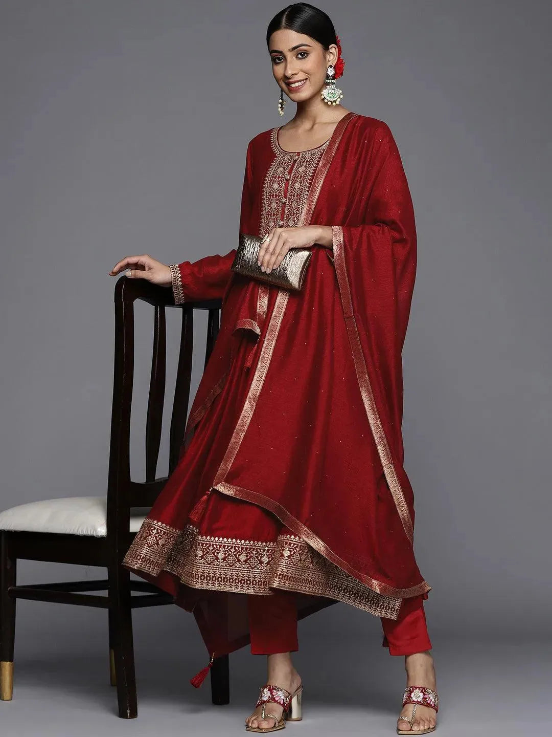 Maroon Yoke Design Silk Blend Anarkali Suit Set - Libas 