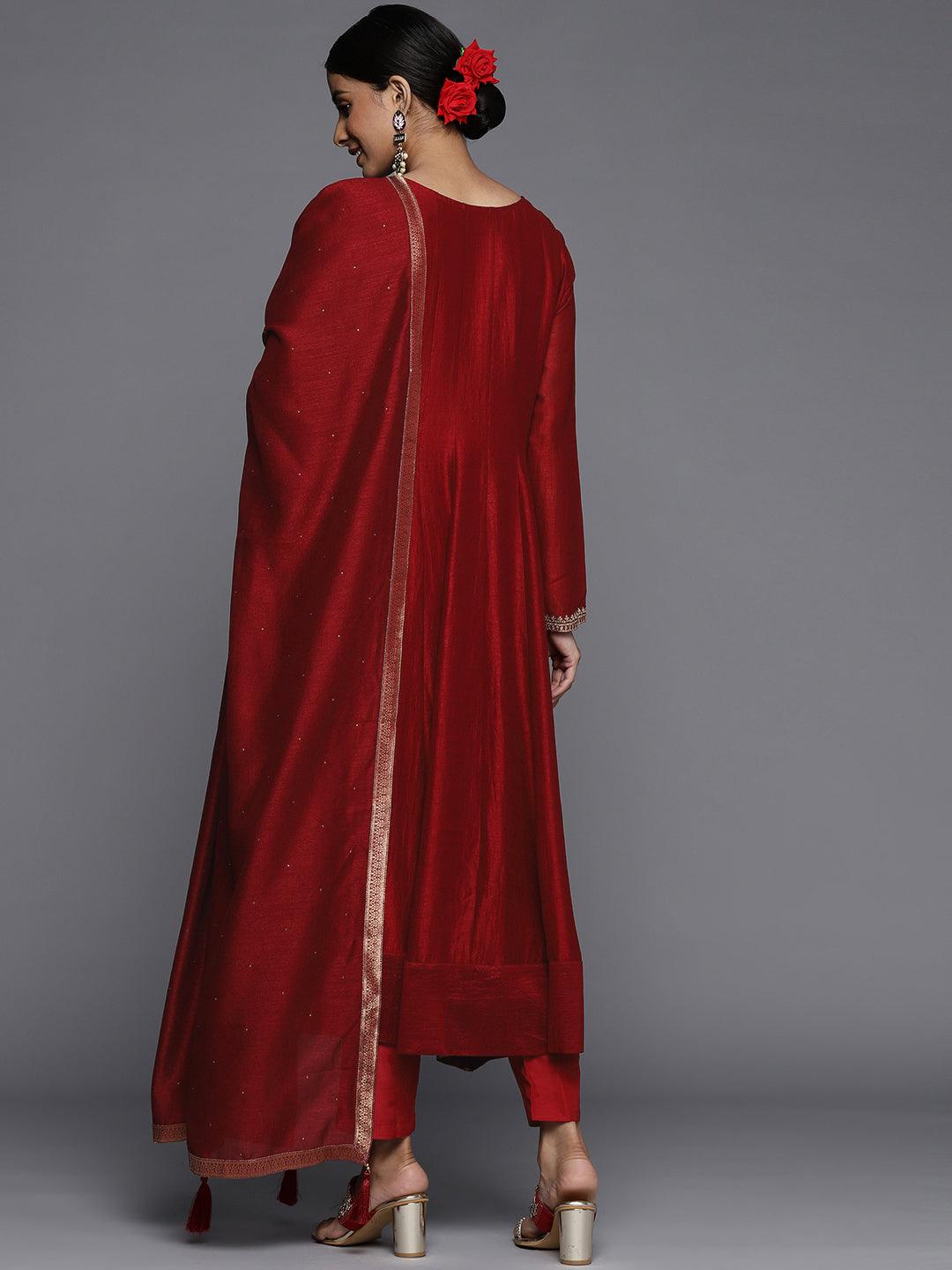 Maroon Yoke Design Silk Blend Anarkali Suit Set - Libas