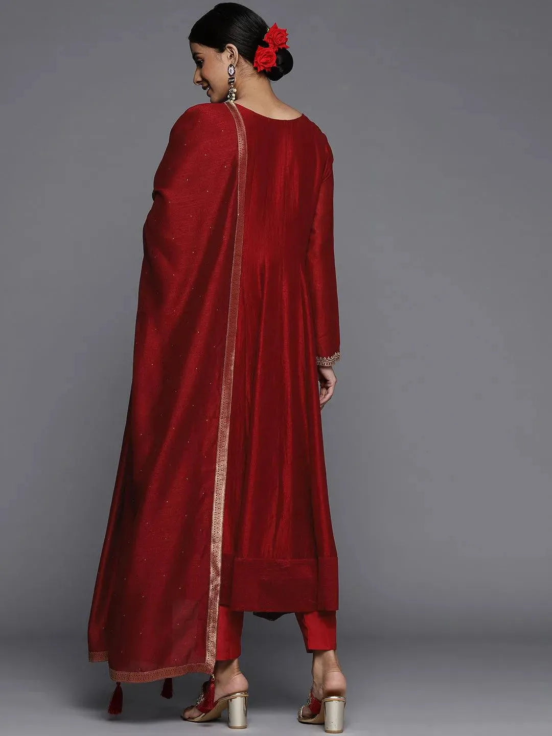 Maroon Yoke Design Silk Blend Anarkali Suit Set - Libas 