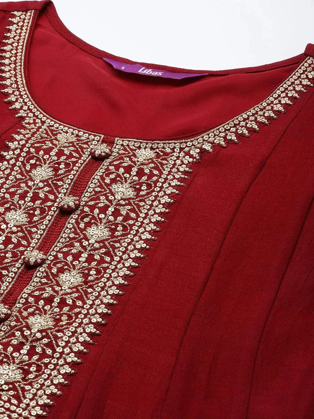 Maroon Yoke Design Silk Blend Anarkali Suit Set - Libas