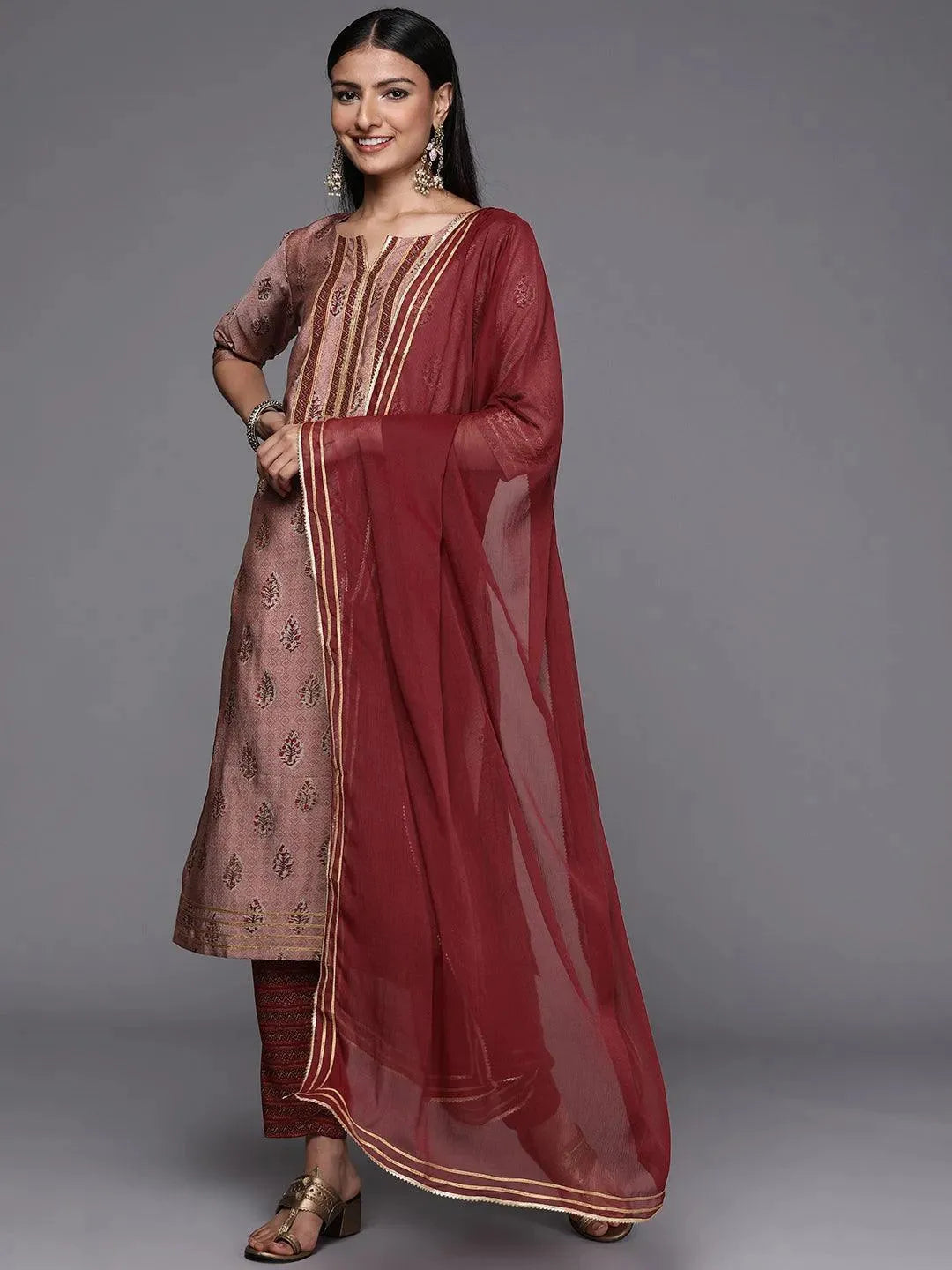 Maroon Yoke Design Silk Blend Straight Suit Set - Libas