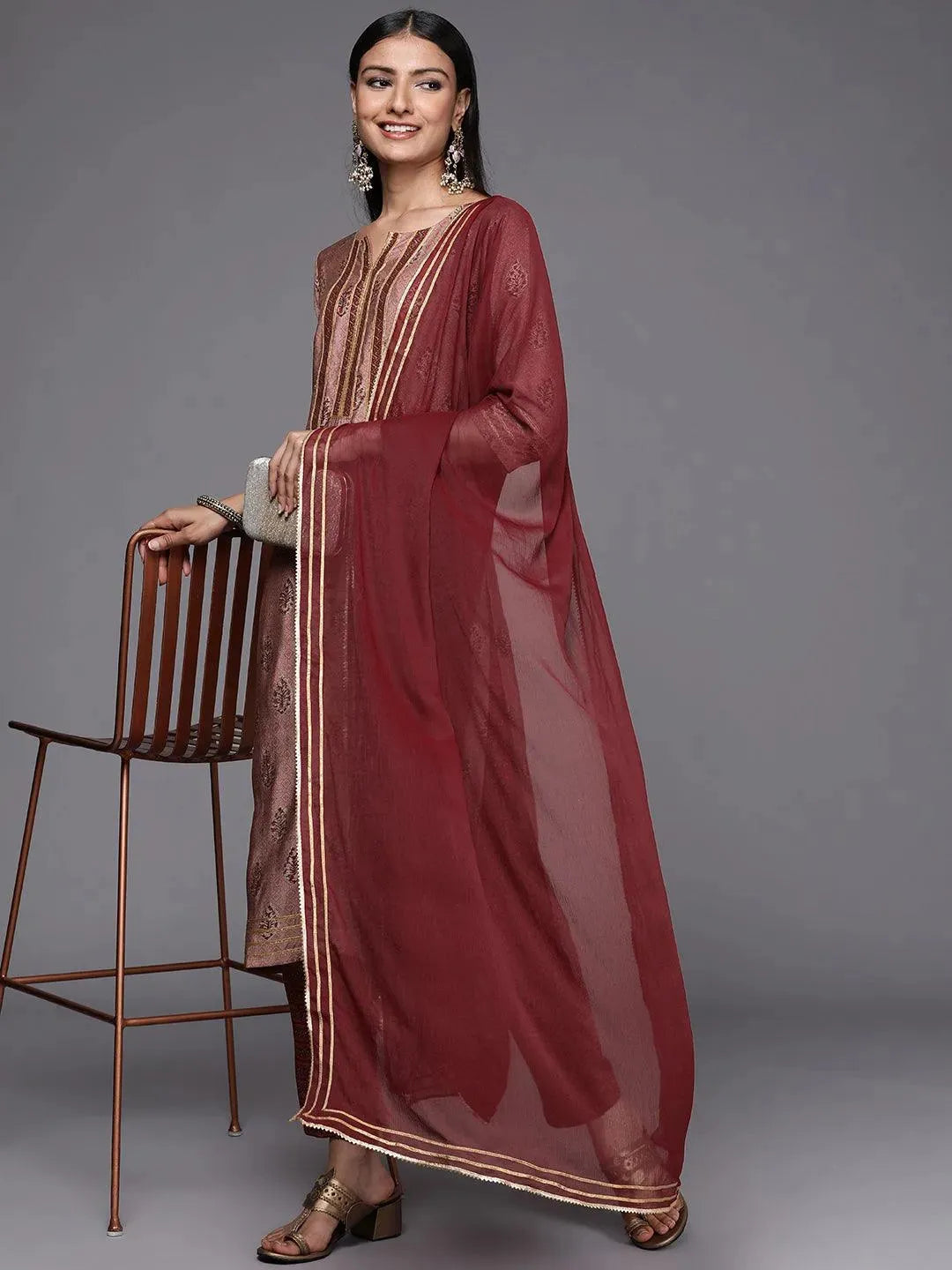 Maroon Yoke Design Silk Blend Straight Suit Set - Libas