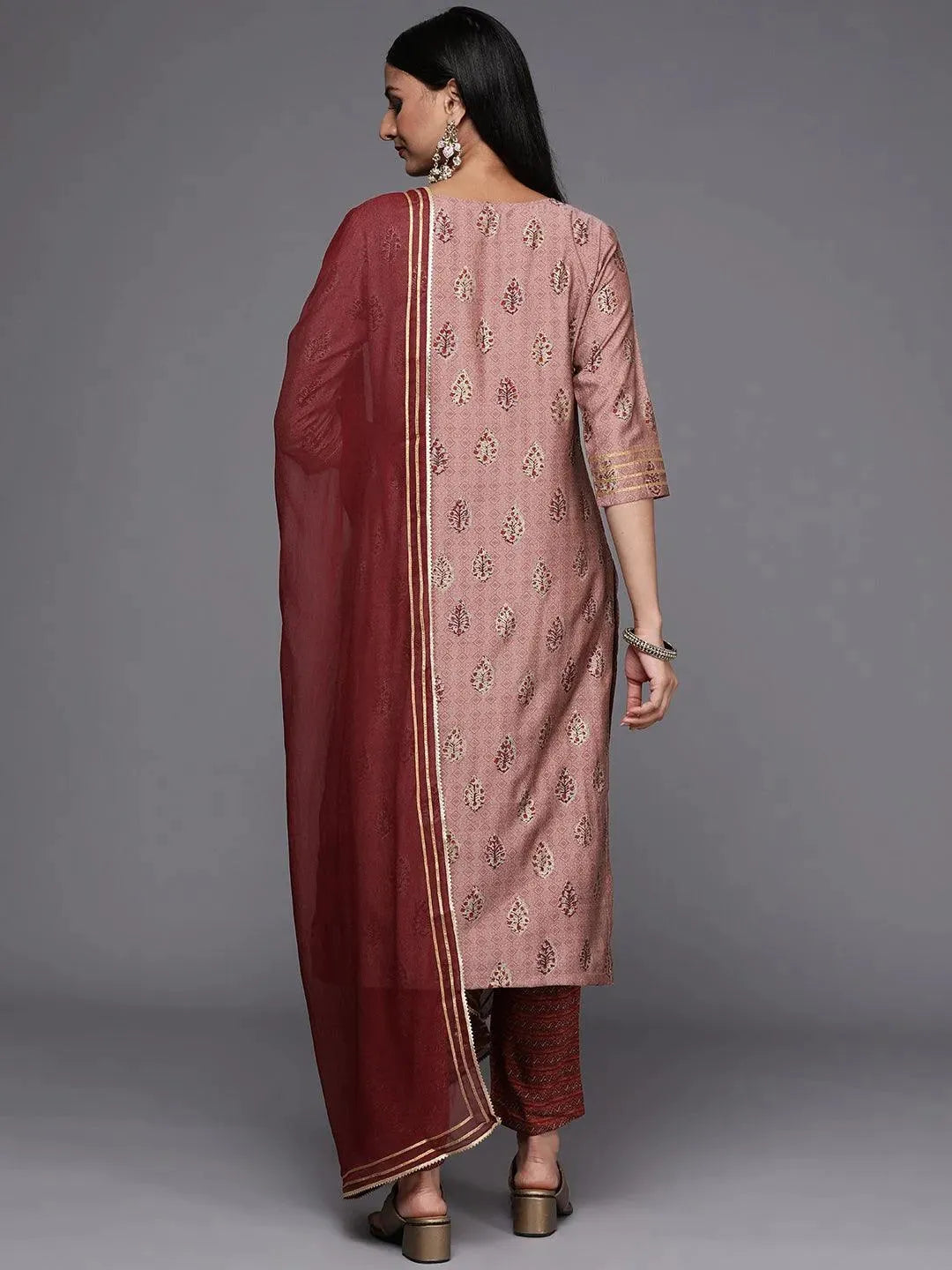 Maroon Yoke Design Silk Blend Straight Suit Set - Libas