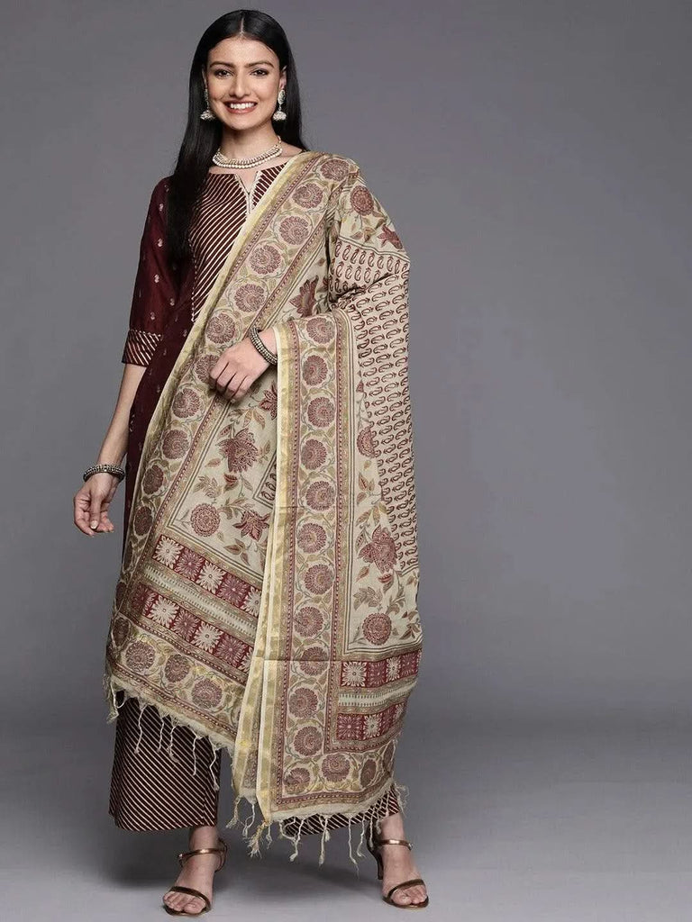 Libas Maroon Yoke Design Silk Blend Straight Kurta With Palazzos & Dupatta