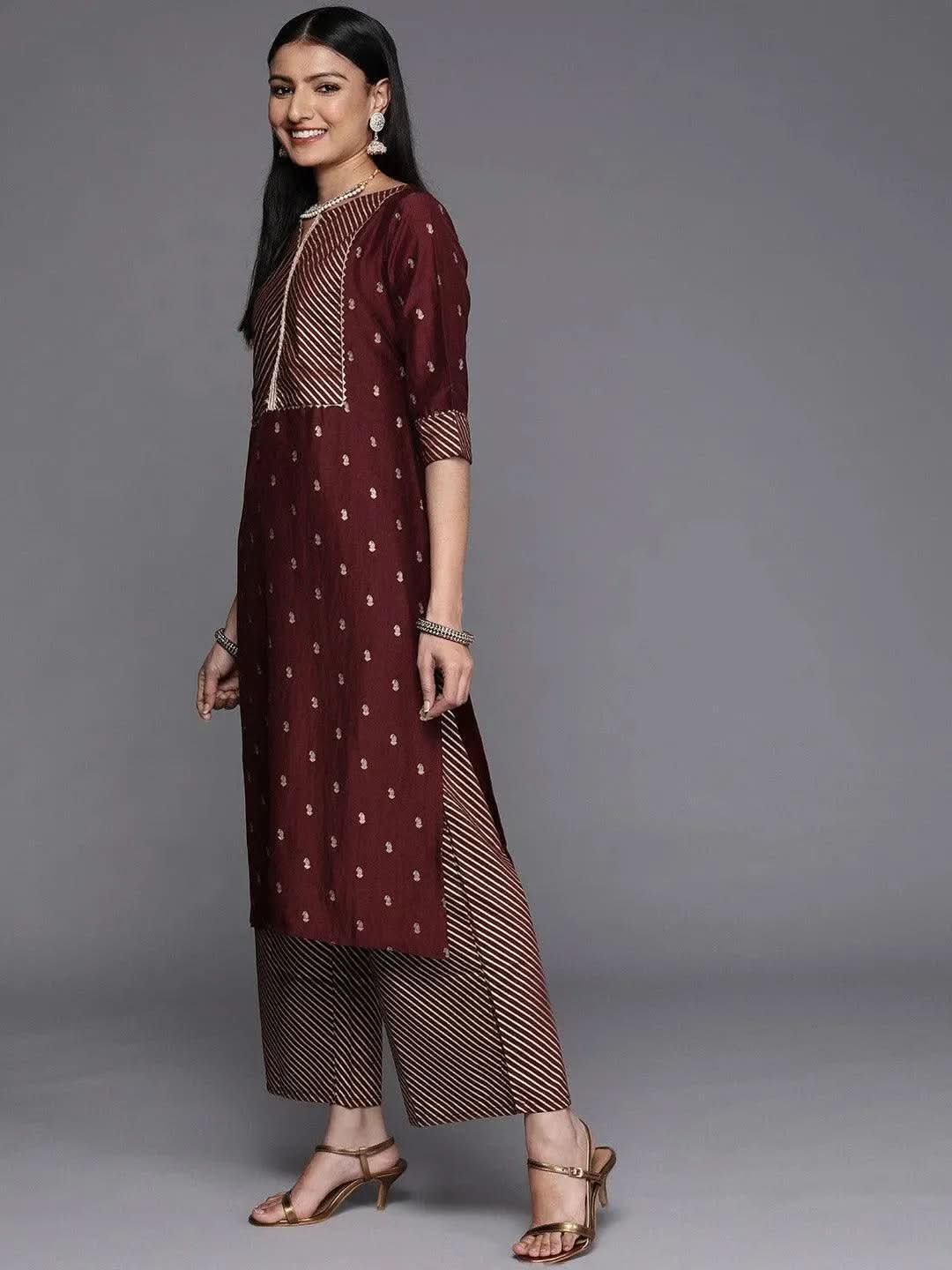 Maroon Yoke Design Silk Blend Straight Suit Set - Libas 