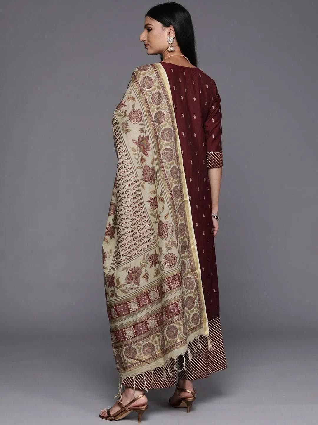 Maroon Yoke Design Silk Blend Straight Suit Set - Libas 