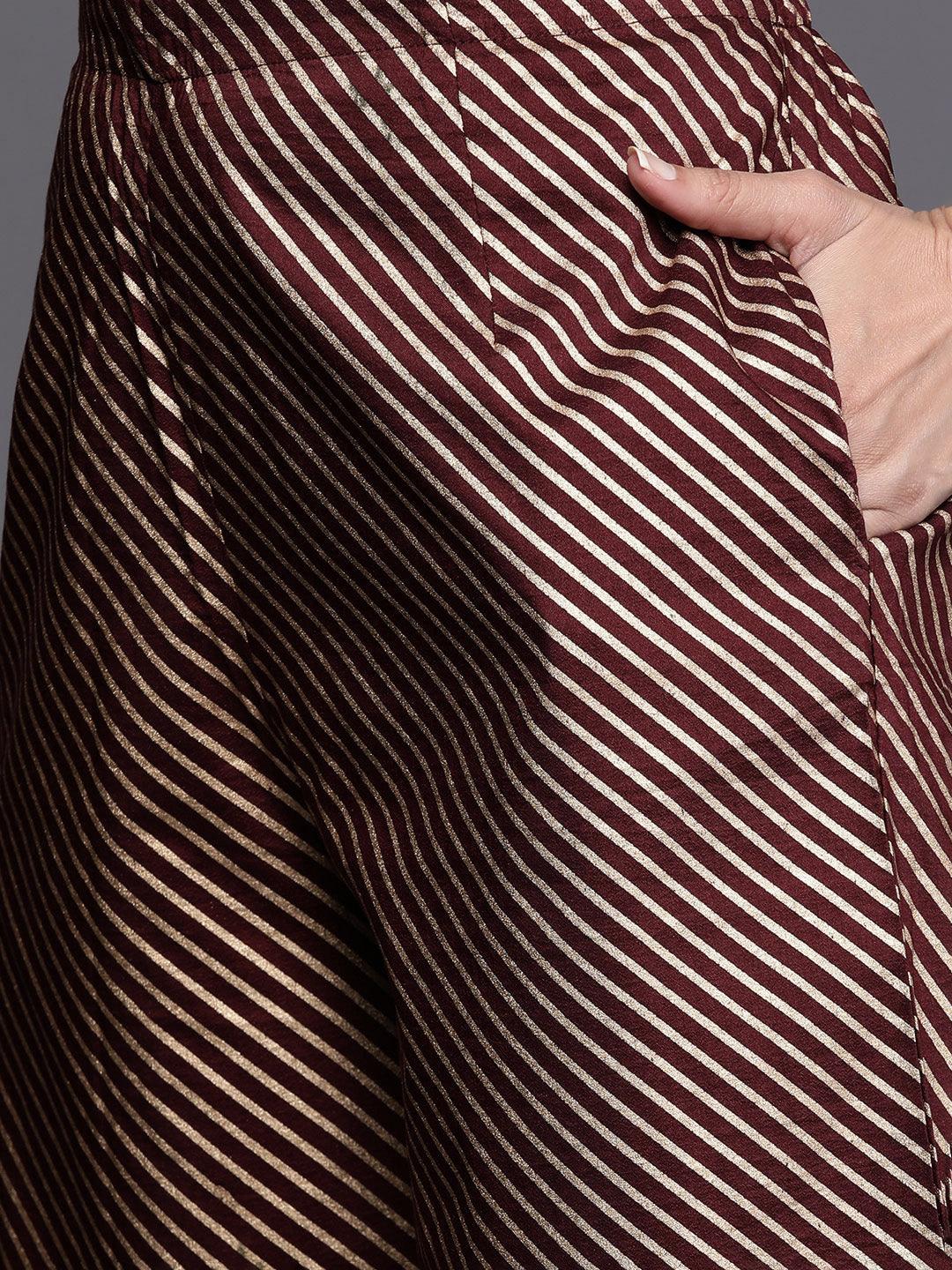Maroon Yoke Design Silk Blend Straight Suit Set - Libas