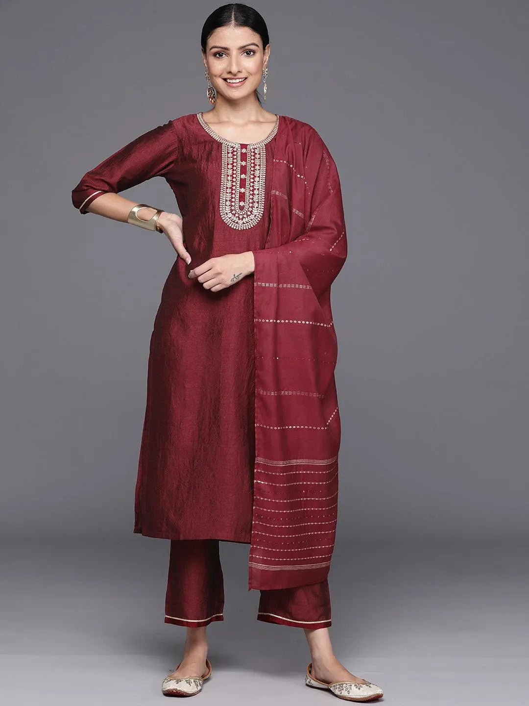 Maroon Yoke Design Silk Blend Straight Kurta With Trousers & Dupatta - Libas