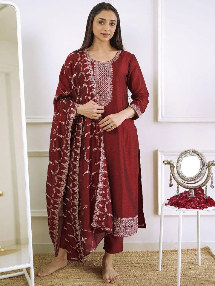 Maroon Yoke Design Silk Blend Straight Kurta With Trousers & Dupatta - Libas