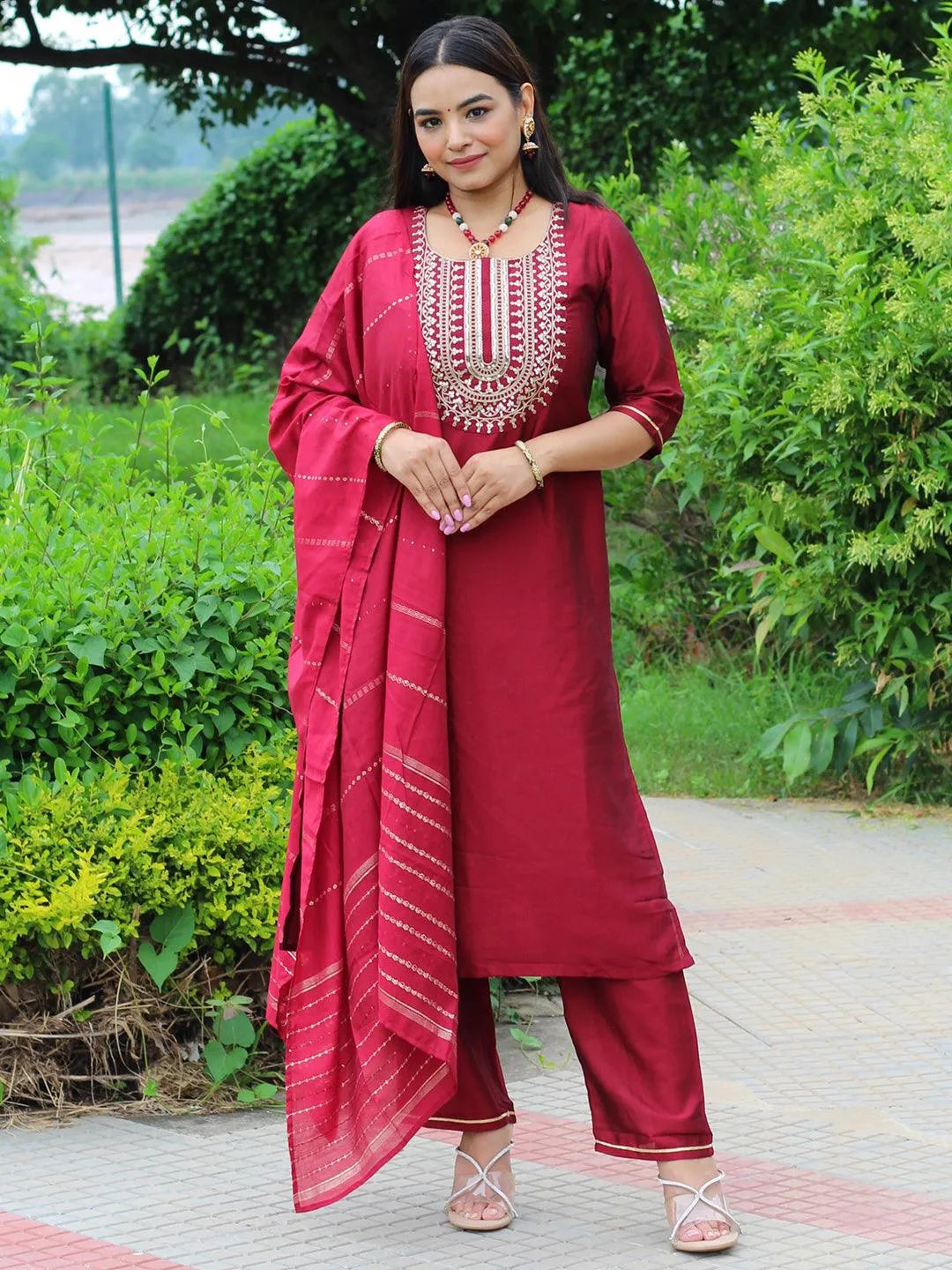 Maroon Yoke Design Silk Blend Straight Kurta With Trousers & Dupatta - Libas 