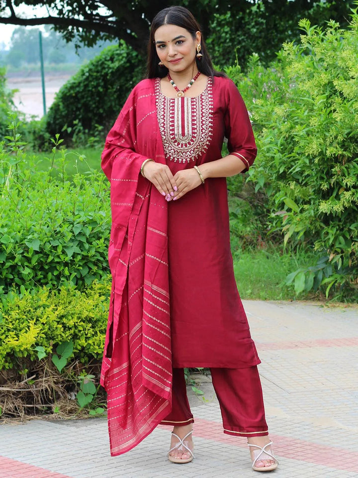 Maroon Yoke Design Silk Blend Straight Kurta With Trousers & Dupatta - Libas