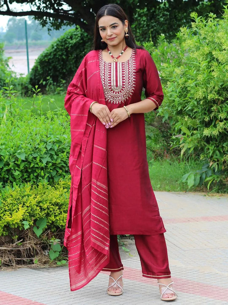 Libas Maroon Yoke Design Silk Blend Straight Kurta With Trousers & Dupatta