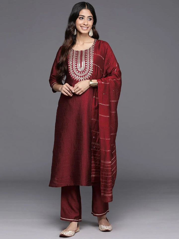 Maroon Yoke Design Silk Blend Straight Kurta With Trousers & Dupatta - Libas