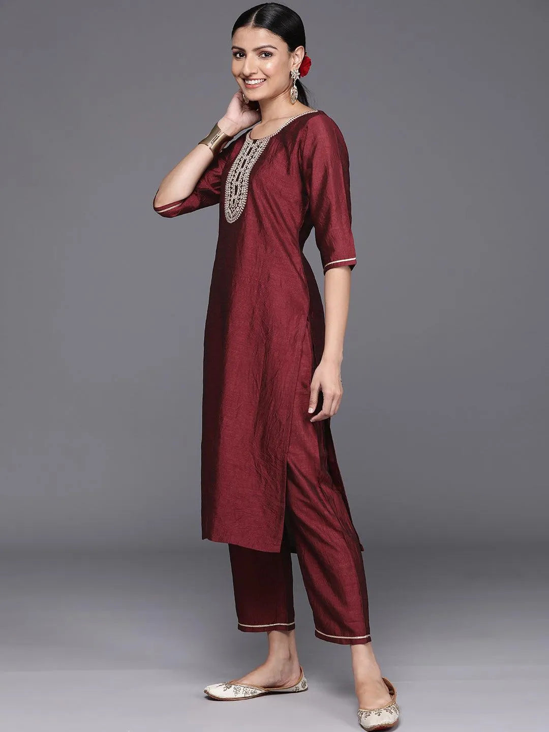 Maroon Yoke Design Silk Blend Straight Kurta With Trousers & Dupatta - Libas 