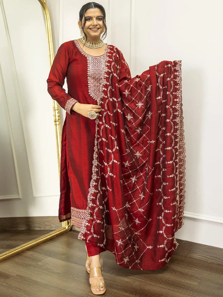 Maroon Yoke Design Silk Blend Straight Kurta With Trousers & Dupatta - Libas