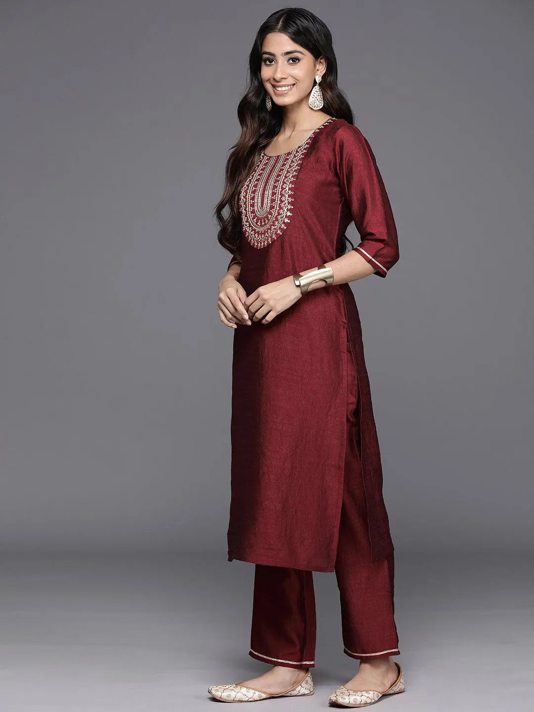 Maroon Yoke Design Silk Blend Straight Kurta With Trousers & Dupatta - Libas 