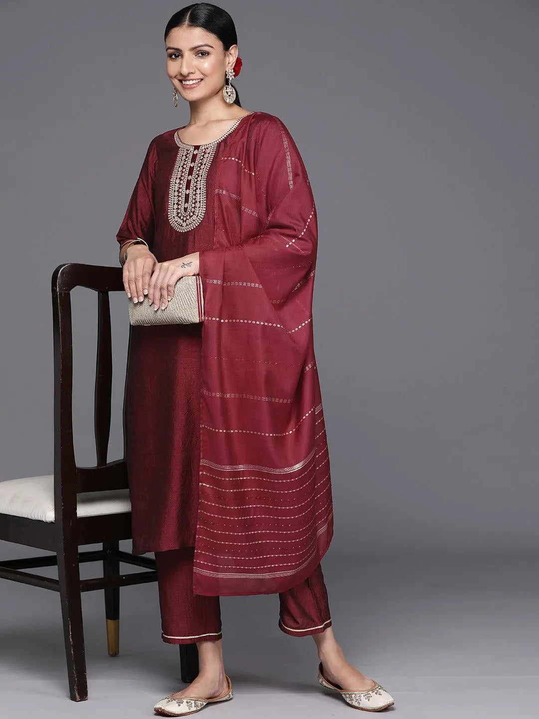Maroon Yoke Design Silk Blend Straight Kurta With Trousers & Dupatta - Libas 