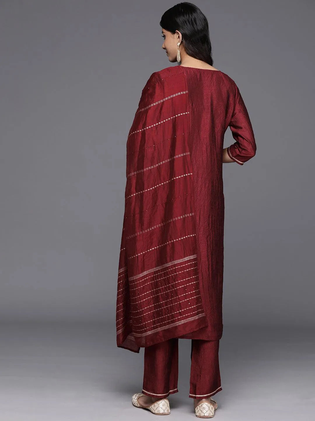 Maroon Yoke Design Silk Blend Straight Kurta With Trousers & Dupatta - Libas