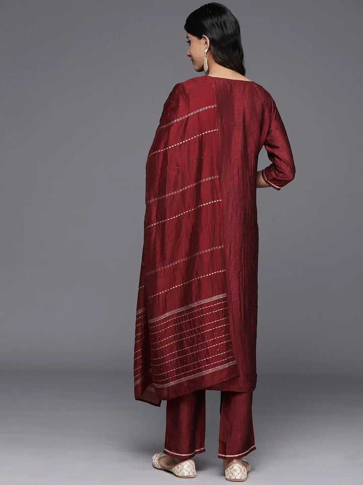 Maroon Yoke Design Silk Blend Straight Kurta With Trousers & Dupatta - Libas