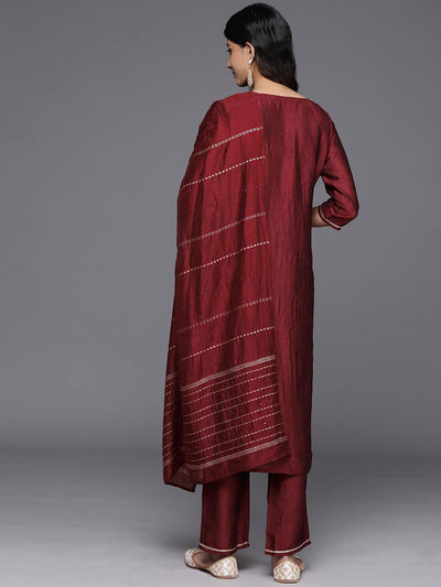 Maroon Yoke Design Silk Blend Straight Kurta With Trousers & Dupatta - Libas