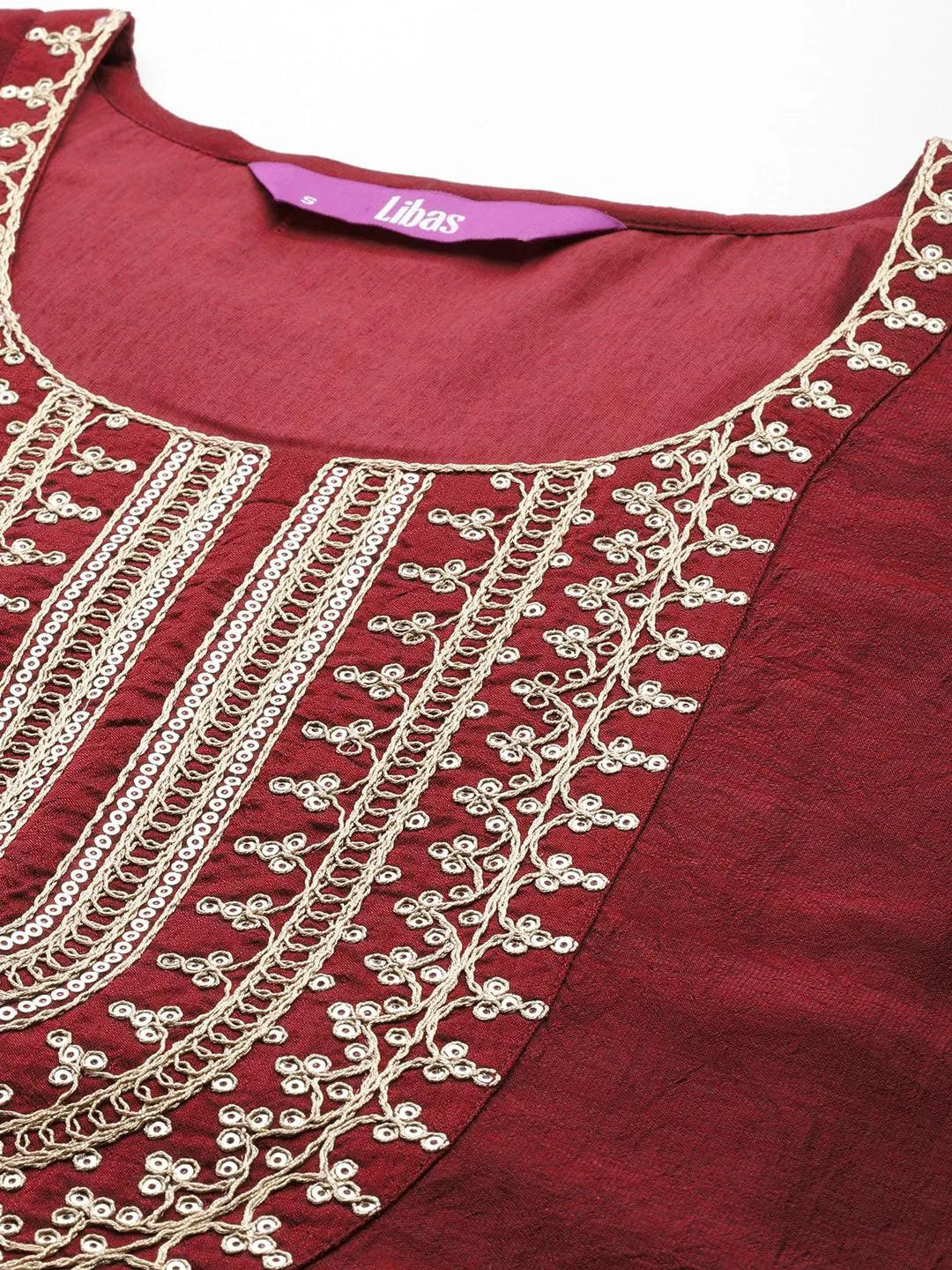 Maroon Yoke Design Silk Blend Straight Kurta With Trousers & Dupatta - Libas 