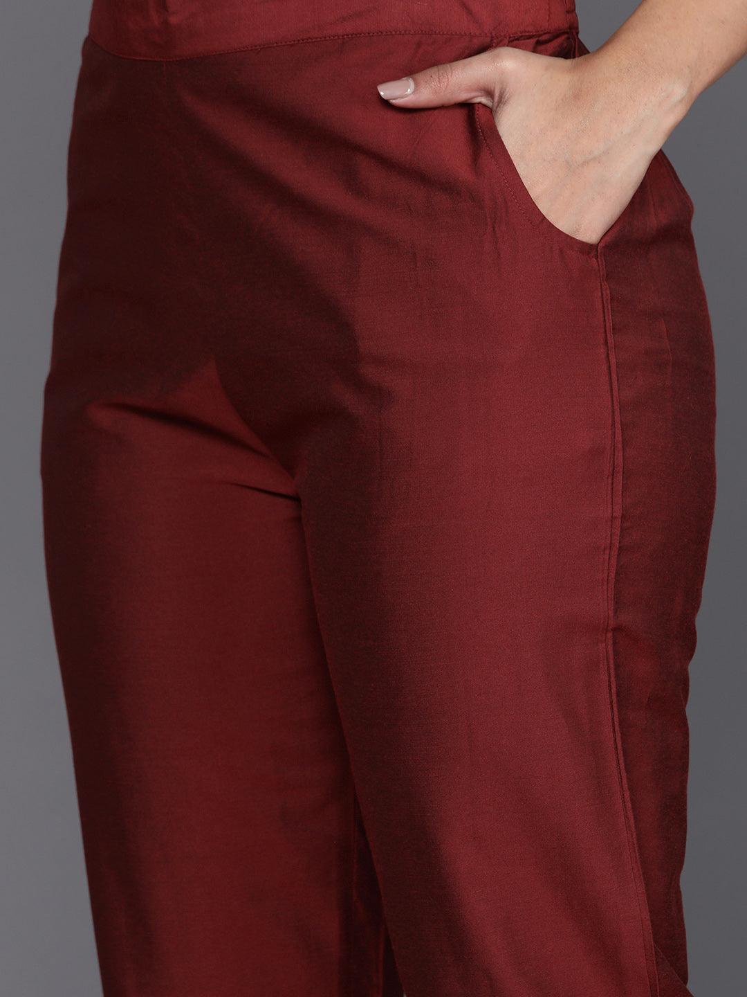 Maroon Yoke Design Silk Blend Straight Suit With Dupatta