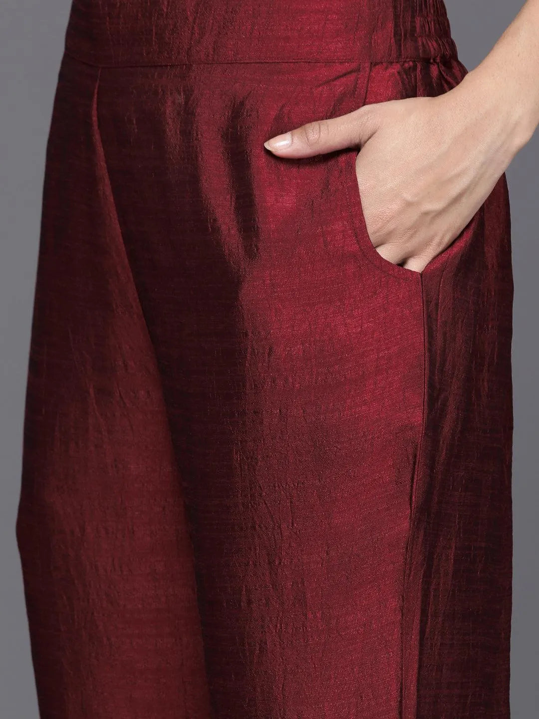 Maroon Yoke Design Silk Blend Straight Kurta With Trousers & Dupatta - Libas 