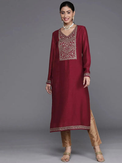 Maroon Yoke Design Silk Kurta - Libas