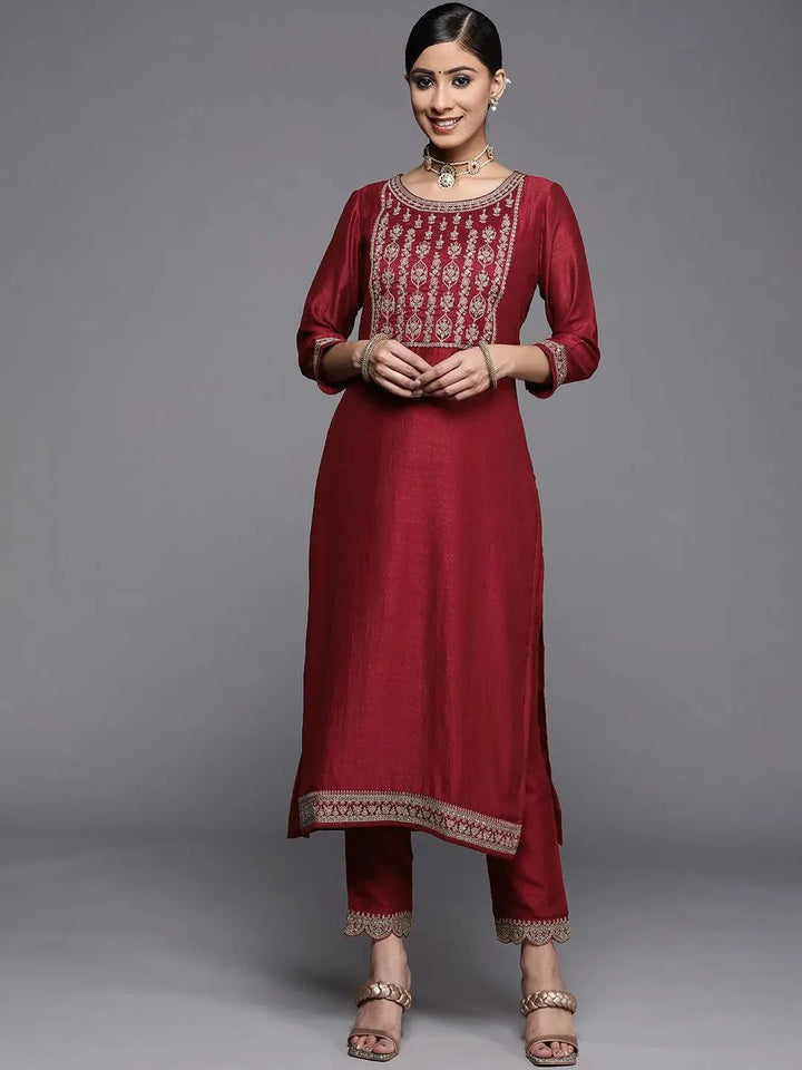 Maroon Yoke Design Silk Kurta - Libas