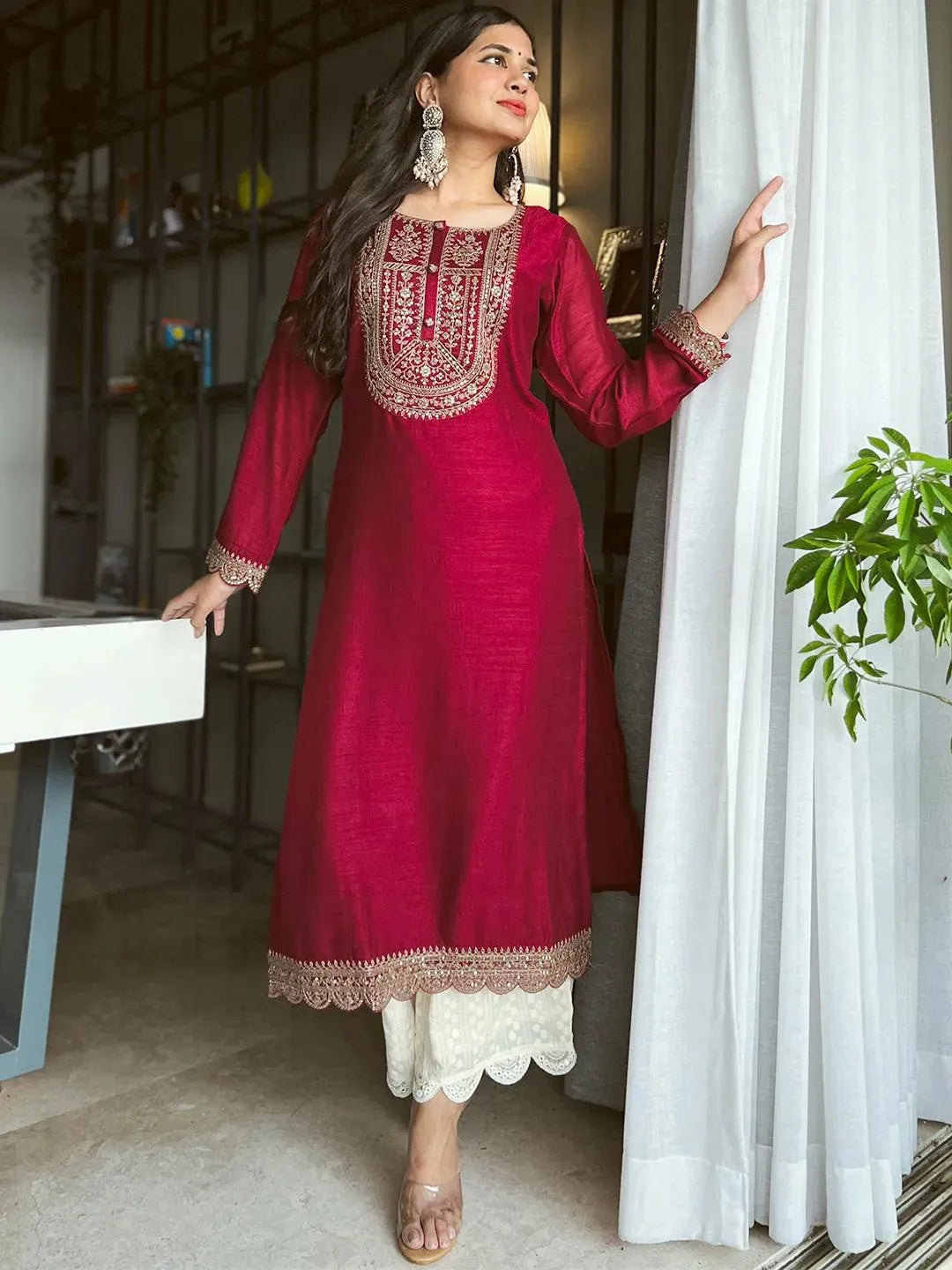 Maroon Yoke Design Silk Kurta - Libas