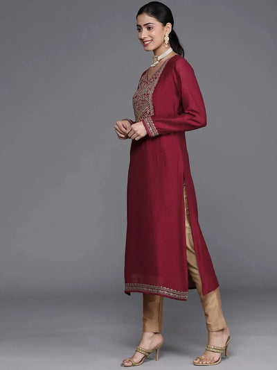 Maroon Yoke Design Silk Kurta - Libas