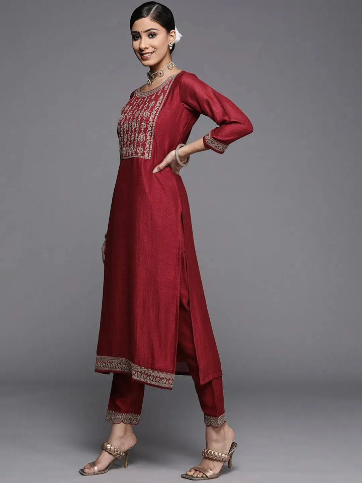 Maroon Yoke Design Silk Kurta - Libas